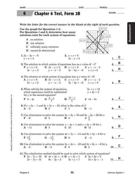 Chapter 6 Test, Form 2B. . Glencoe algebra 1 chapter 6 test answer key